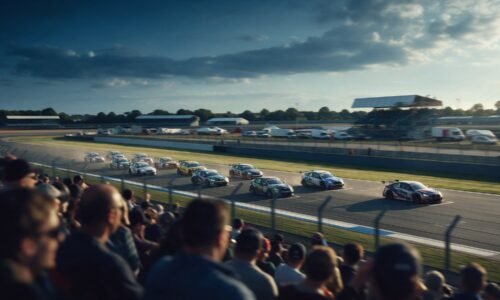 Largada de una carrera de turismo vista desde la tribuna con la bandera agitándose