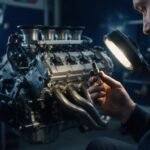 Mecánico inspeccionando una bujía de un motor de competición en el box