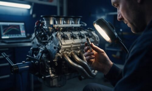 Mecánico inspeccionando una bujía de un motor de competición en el box
