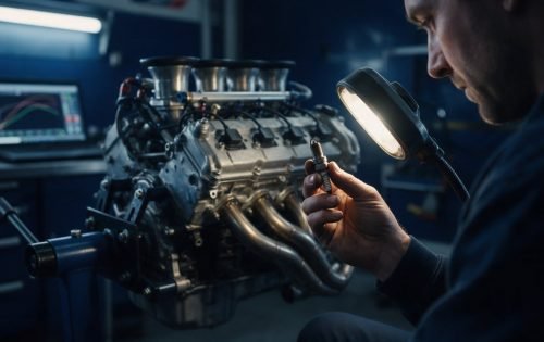 Mecánico inspeccionando una bujía de un motor de competición en el box