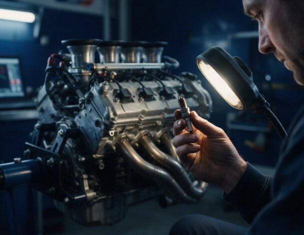 Mecánico inspeccionando una bujía de un motor de competición en el box
