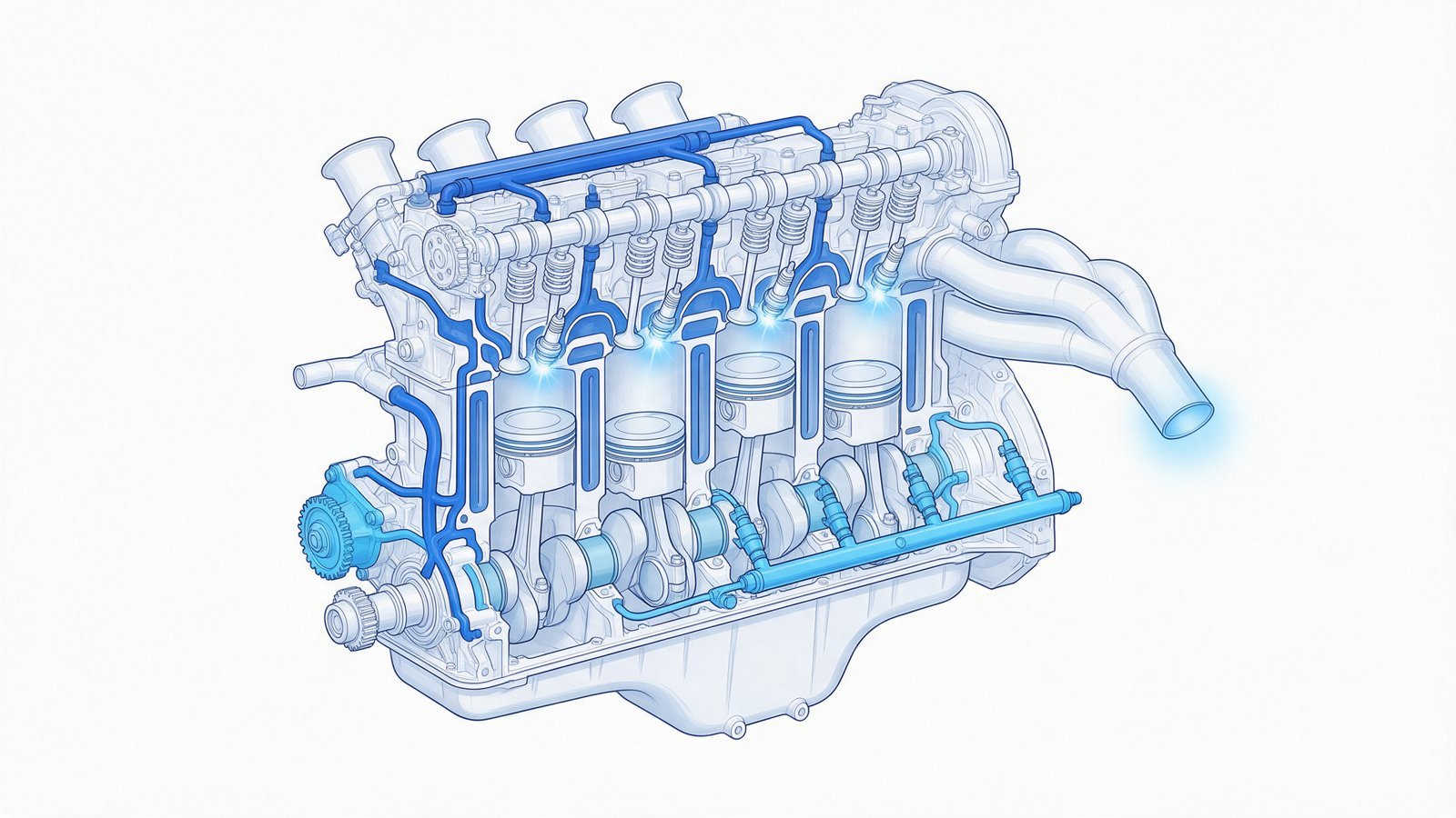 Esquema de un motor de competición con sus circuitos de lubricación, refrigeración, combustible y combustión