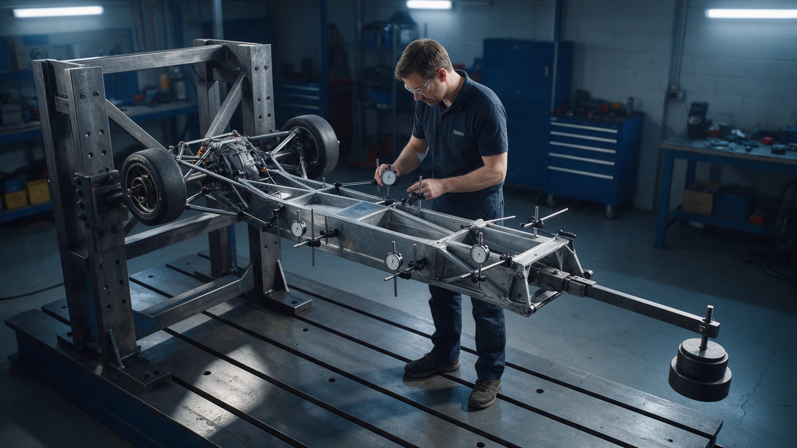 Ensayo de rigidez torsional de un chasis de competición con comparadores