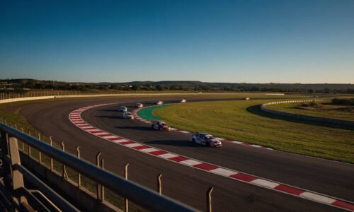 Autódromo argentino visto desde la tribuna con autos de turismo entrando a una curva al atardecer
