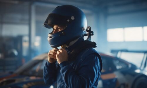 Piloto ajustándose el casco y el sistema de retención de cabeza y cuello antes de subir al auto
