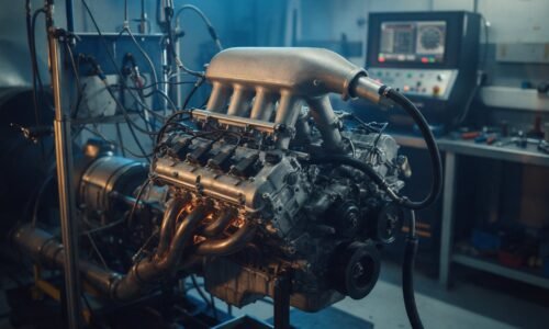 Motor de competición con múltiple de admisión tipo plenum en el banco de pruebas de un taller de preparación