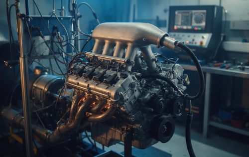 Motor de competición con múltiple de admisión tipo plenum en el banco de pruebas de un taller de preparación