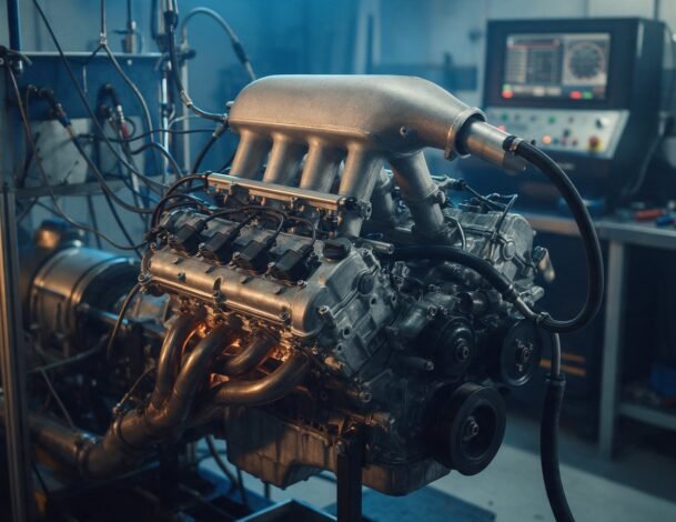 Motor de competición con múltiple de admisión tipo plenum en el banco de pruebas de un taller de preparación