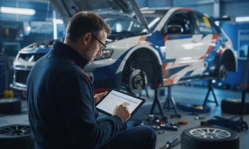 Ingeniero de pista revisando la planilla de puesta a punto junto a un auto de competición en boxes