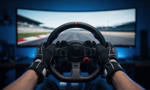 Manos de un simracer sobre el volante de un simulador frente a una pantalla con un circuito